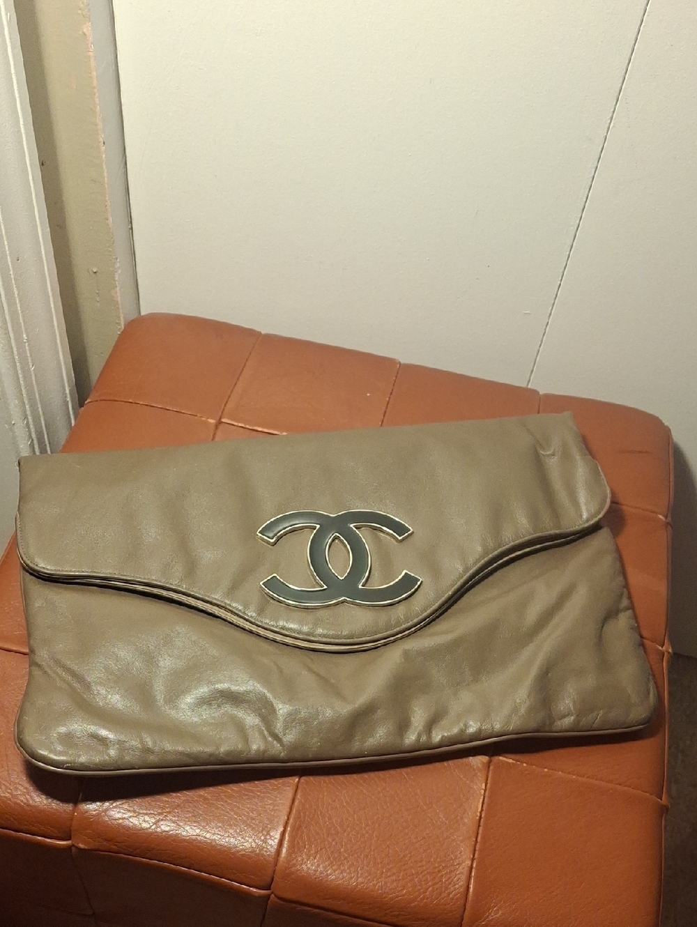 Upcycle CHANEL Taupe Leather CC Logo Fold-Over Clutch